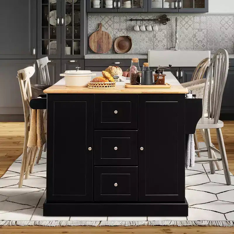 Carrello/Isola da Cucina Mobile Bianco/Nero con 3 Cassetti e 2 Armadietti, per 1 Persona