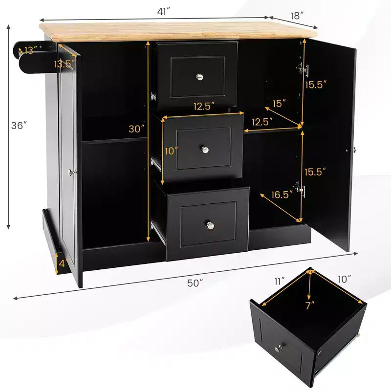 Carrello/Isola da Cucina Mobile Bianco/Nero con 3 Cassetti e 2 Armadietti, per 1 Persona