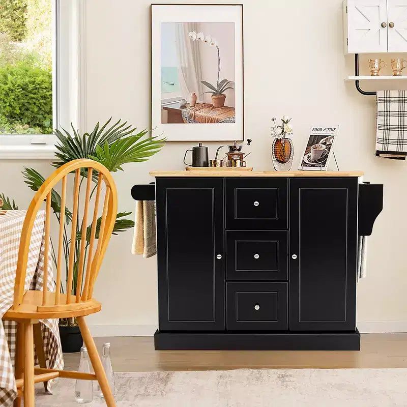 Carrello/Isola da Cucina Mobile Bianco/Nero con 3 Cassetti e 2 Armadietti, per 1 Persona