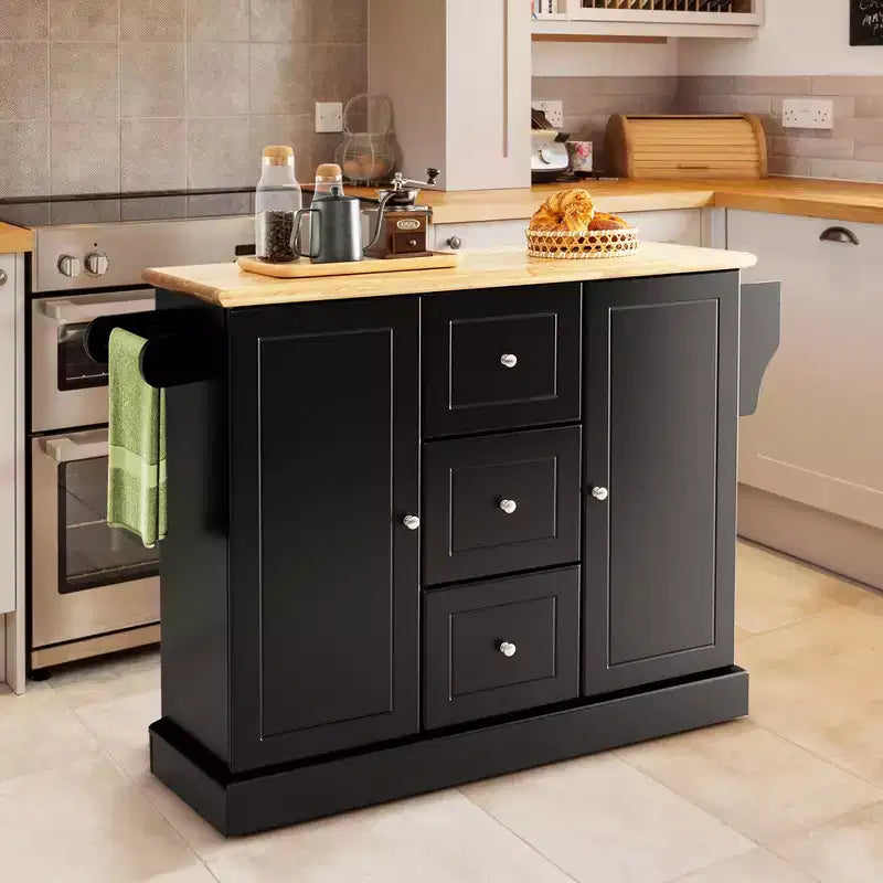 Carrello/Isola da Cucina Mobile Bianco/Nero con 3 Cassetti e 2 Armadietti, per 1 Persona