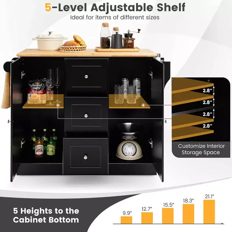 Carrello/Isola da Cucina Mobile Bianco/Nero con 3 Cassetti e 2 Armadietti, per 1 Persona