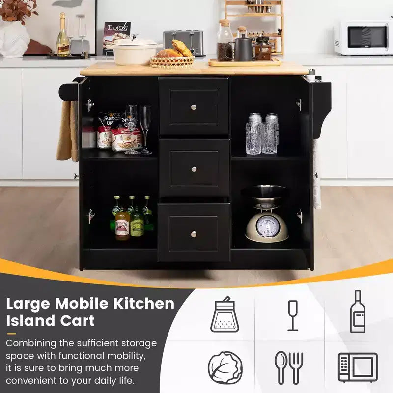 Carrello/Isola da Cucina Mobile Bianco/Nero con 3 Cassetti e 2 Armadietti, per 1 Persona