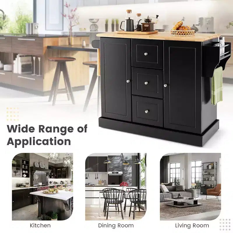 Carrello/Isola da Cucina Mobile Bianco/Nero con 3 Cassetti e 2 Armadietti, per 1 Persona