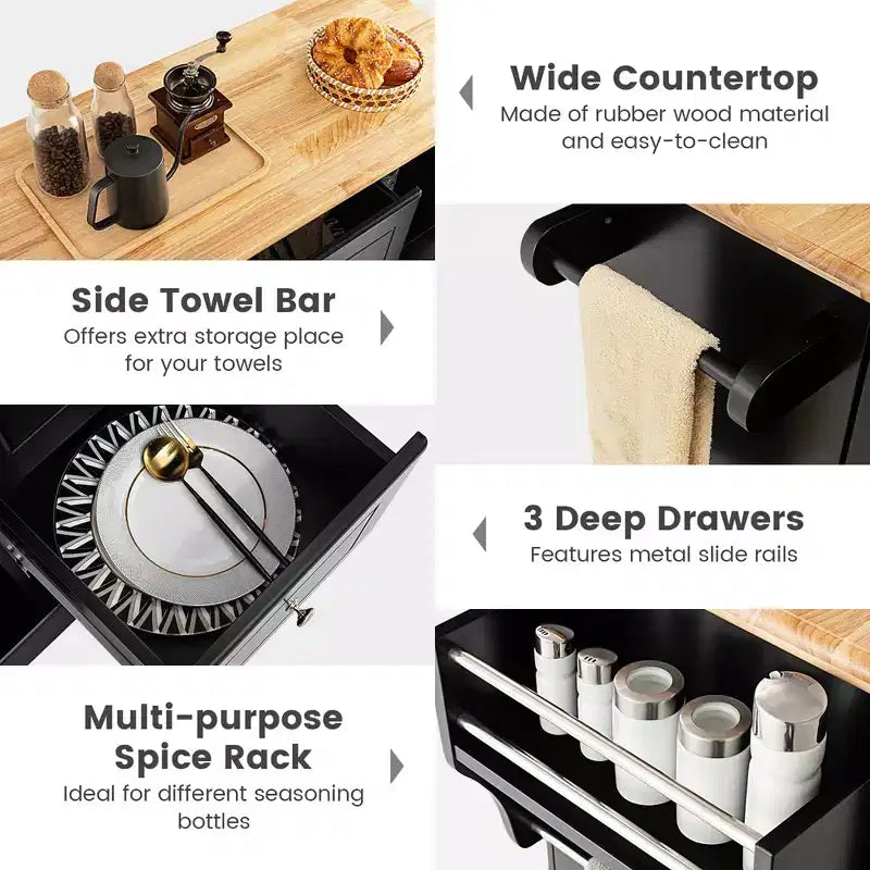 Carrello/Isola da Cucina Mobile Bianco/Nero con 3 Cassetti e 2 Armadietti, per 1 Persona