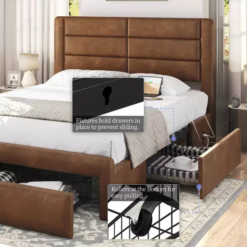 Yaheetech Letto Imbottito con 3 Cassetti Contenitore e Porte USB Integrate
