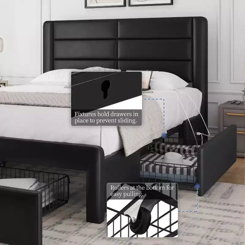Yaheetech Letto Imbottito con 3 Cassetti Contenitore e Porte USB Integrate