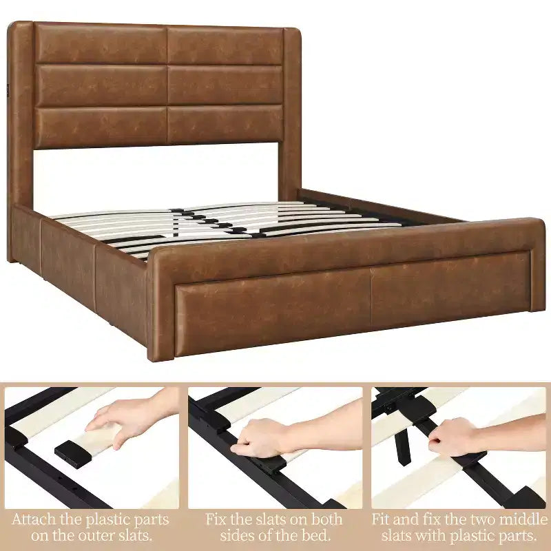 Yaheetech Letto Imbottito con 3 Cassetti Contenitore e Porte USB Integrate