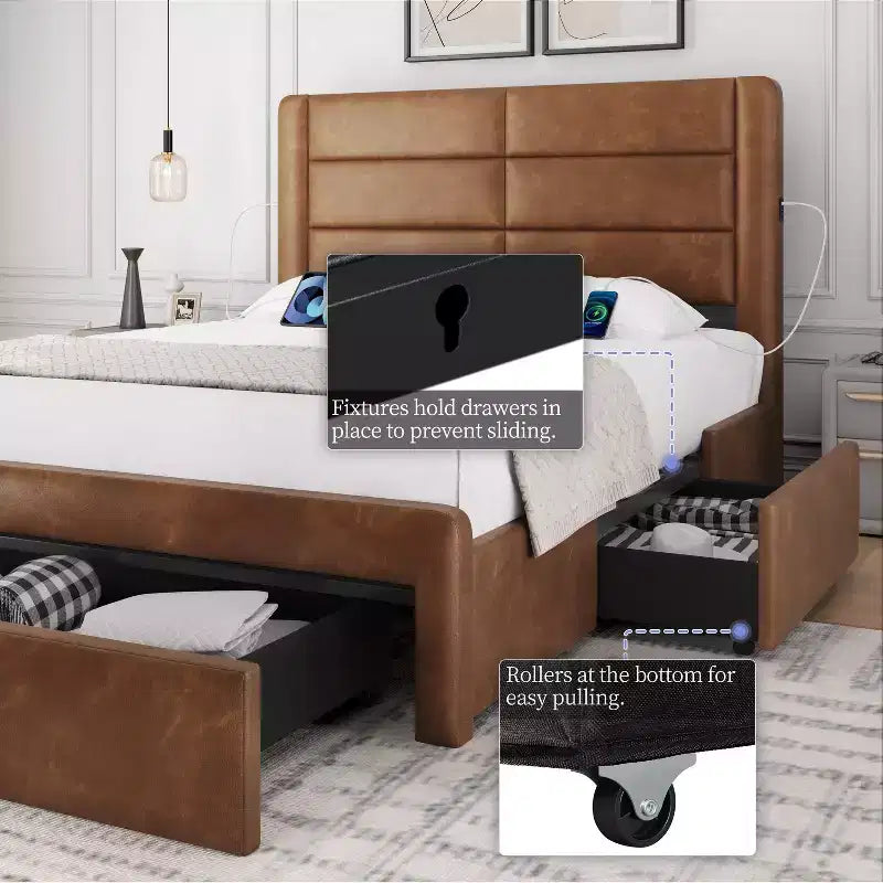 Yaheetech Letto Imbottito con 3 Cassetti Contenitore e Porte USB Integrate
