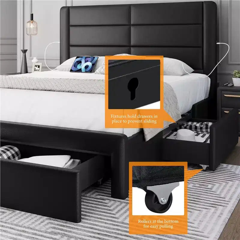 Yaheetech Letto Imbottito con 3 Cassetti Contenitore e Porte USB Integrate