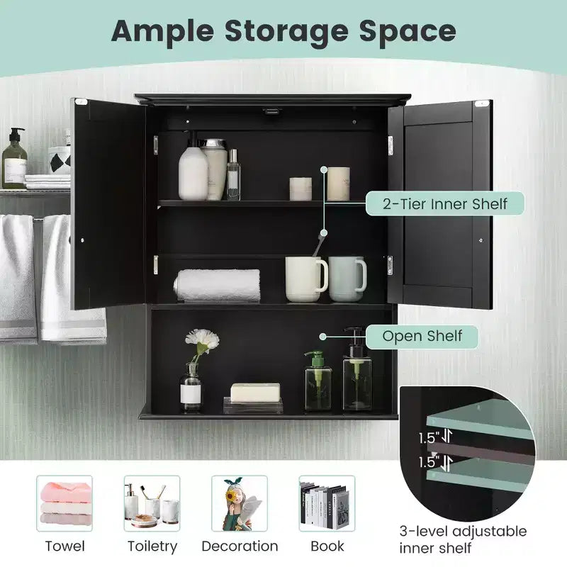 Mobiletto da bagno a parete nero/espresso con ripiano regolabile, per 1 persona