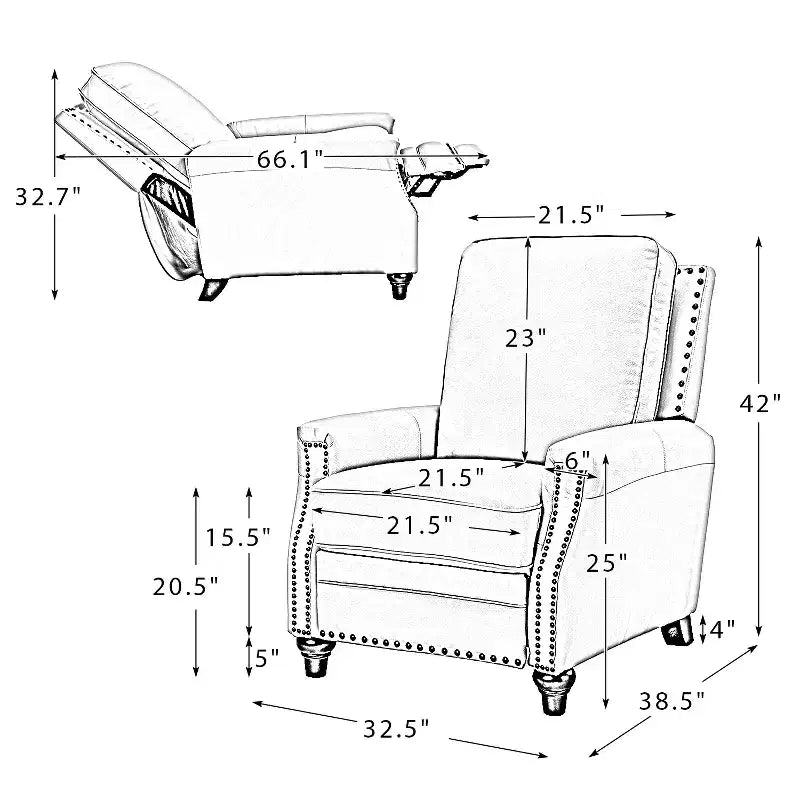 Poltrona reclinabile Theresa in vera pelle, stile transitorio, con borchie, per soggiorno e camera da letto | ART OF LIVING DESIGNS