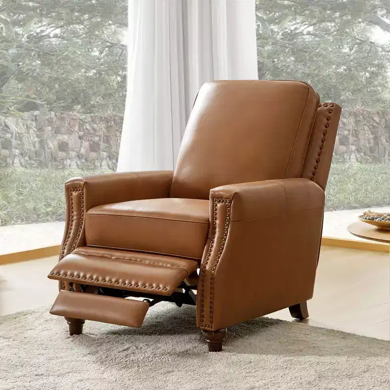 Poltrona reclinabile Theresa in vera pelle, stile transitorio, con borchie, per soggiorno e camera da letto | ART OF LIVING DESIGNS