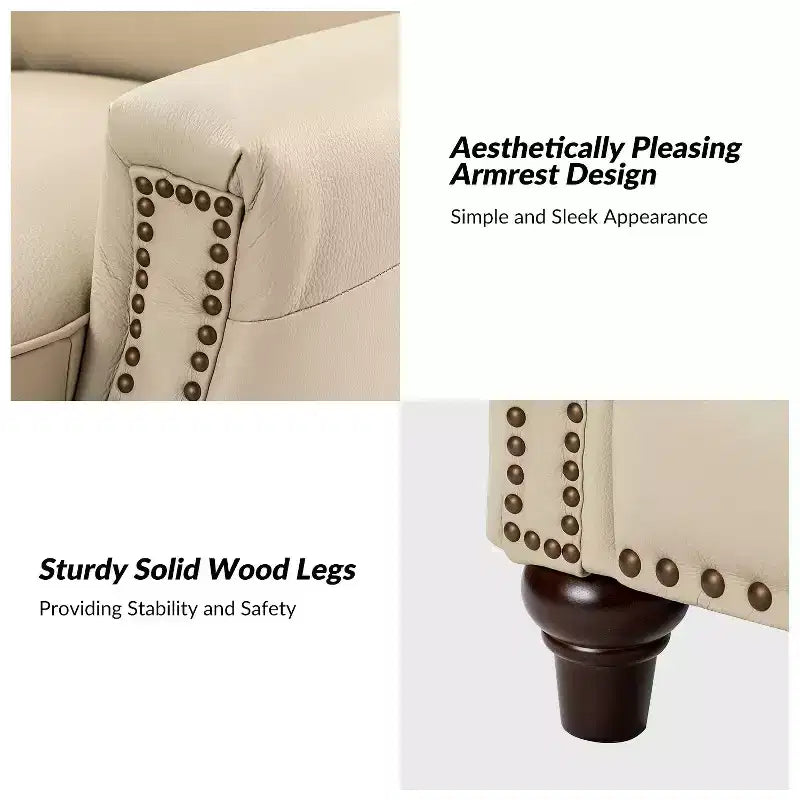 Poltrona reclinabile Theresa in vera pelle, stile transitorio, con borchie, per soggiorno e camera da letto | ART OF LIVING DESIGNS