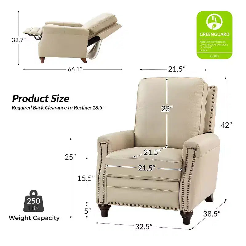 Poltrona reclinabile Theresa in vera pelle, stile transitorio, con borchie, per soggiorno e camera da letto | ART OF LIVING DESIGNS
