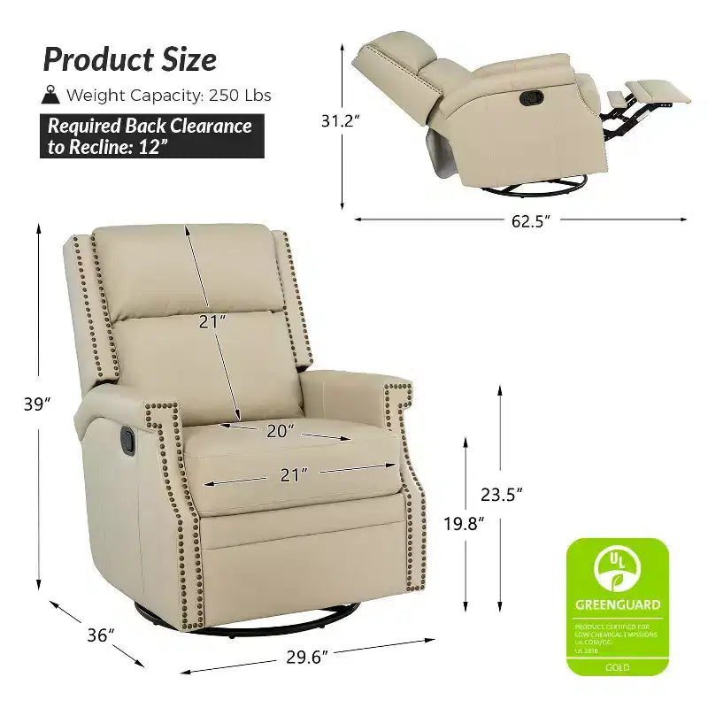 Poltrona reclinabile girevole a dondolo Favonius in vera pelle con borchie per camera da letto e soggiorno, set da 2 | ART OF LIVING DESIGNS