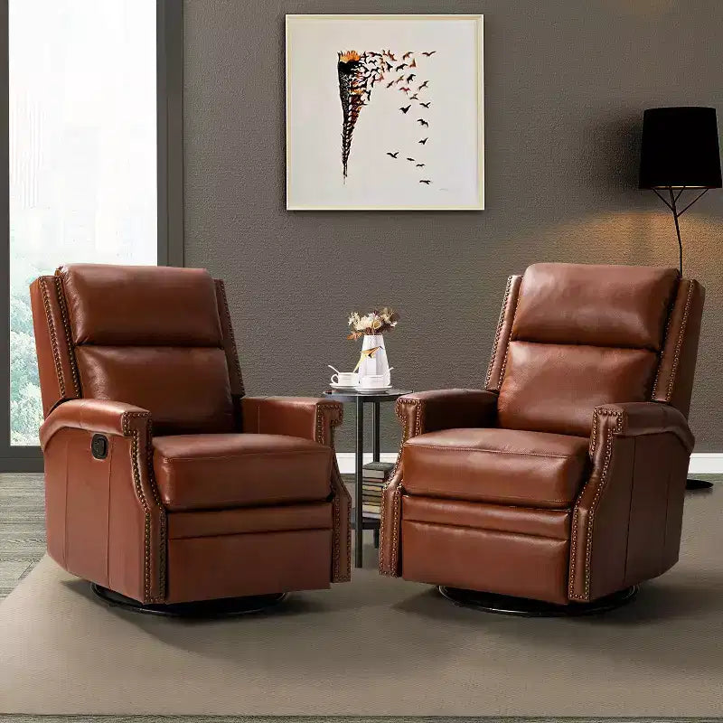 Poltrona reclinabile girevole a dondolo Favonius in vera pelle con borchie per camera da letto e soggiorno, set da 2 | ART OF LIVING DESIGNS