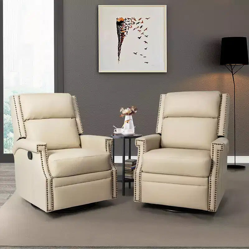 Poltrona reclinabile girevole a dondolo Favonius in vera pelle con borchie per camera da letto e soggiorno, set da 2 | ART OF LIVING DESIGNS