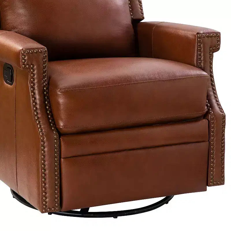 Poltrona reclinabile girevole a dondolo Favonius in vera pelle con borchie per camera da letto e soggiorno, set da 2 | ART OF LIVING DESIGNS