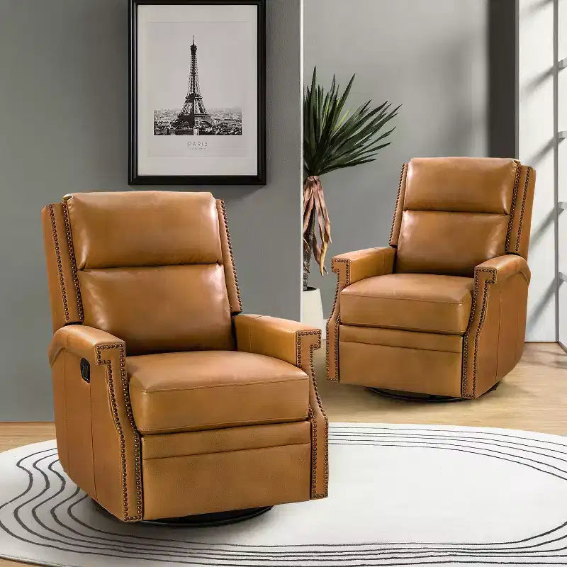 Poltrona reclinabile girevole a dondolo Favonius in vera pelle con borchie per camera da letto e soggiorno, set da 2 | ART OF LIVING DESIGNS