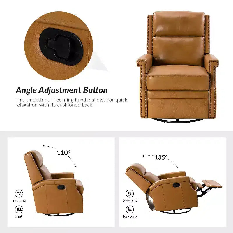 Poltrona reclinabile girevole a dondolo Favonius in vera pelle con borchie per camera da letto e soggiorno, set da 2 | ART OF LIVING DESIGNS