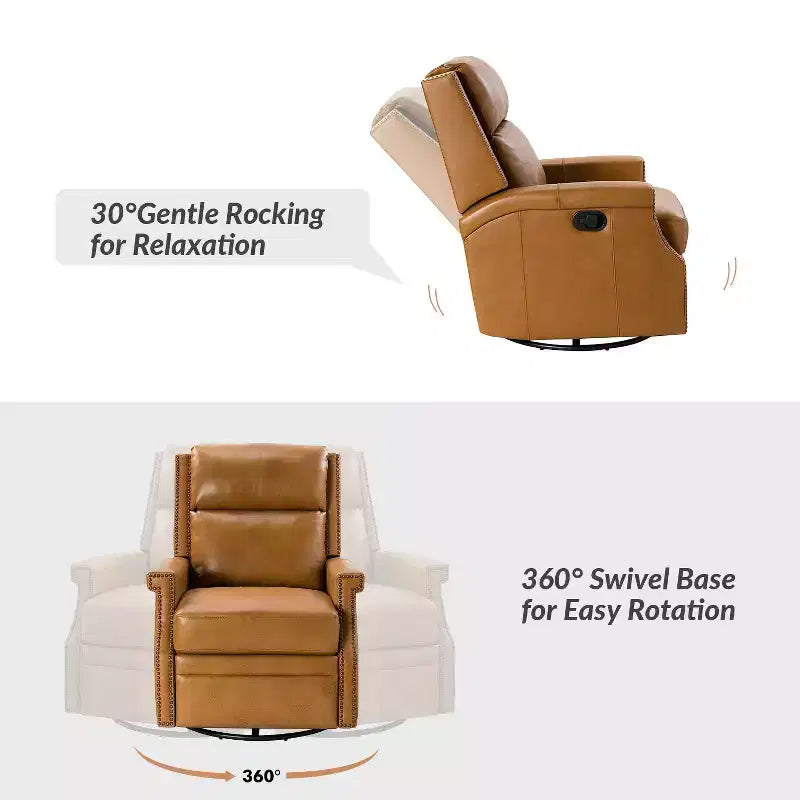 Poltrona reclinabile girevole a dondolo Favonius in vera pelle con borchie per camera da letto e soggiorno, set da 2 | ART OF LIVING DESIGNS