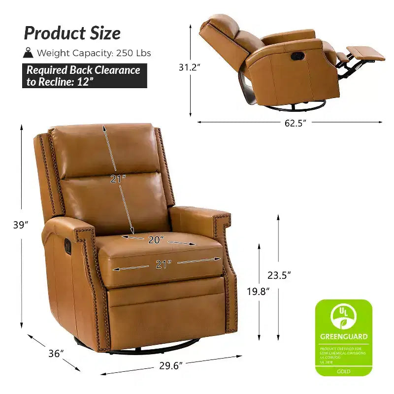 Poltrona reclinabile girevole a dondolo Favonius in vera pelle con borchie per camera da letto e soggiorno, set da 2 | ART OF LIVING DESIGNS
