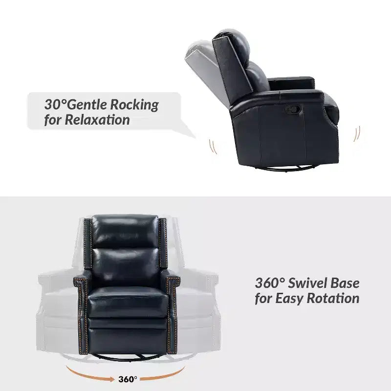 Poltrona reclinabile girevole a dondolo Favonius in vera pelle con borchie per camera da letto e soggiorno, set da 2 | ART OF LIVING DESIGNS