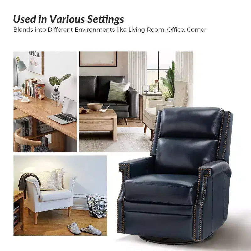 Poltrona reclinabile girevole a dondolo Favonius in vera pelle con borchie per camera da letto e soggiorno, set da 2 | ART OF LIVING DESIGNS