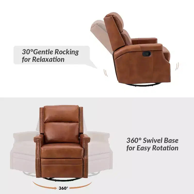 Poltrona reclinabile girevole a dondolo Favonius in vera pelle con borchie per camera da letto e soggiorno, set da 2 | ART OF LIVING DESIGNS