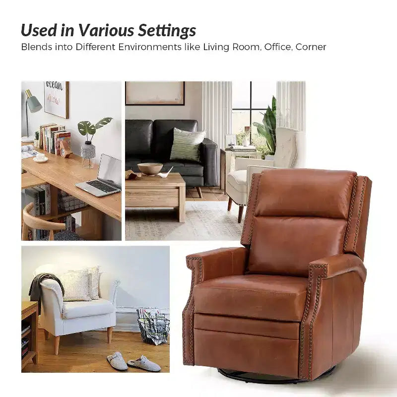 Poltrona reclinabile girevole a dondolo Favonius in vera pelle con borchie per camera da letto e soggiorno, set da 2 | ART OF LIVING DESIGNS
