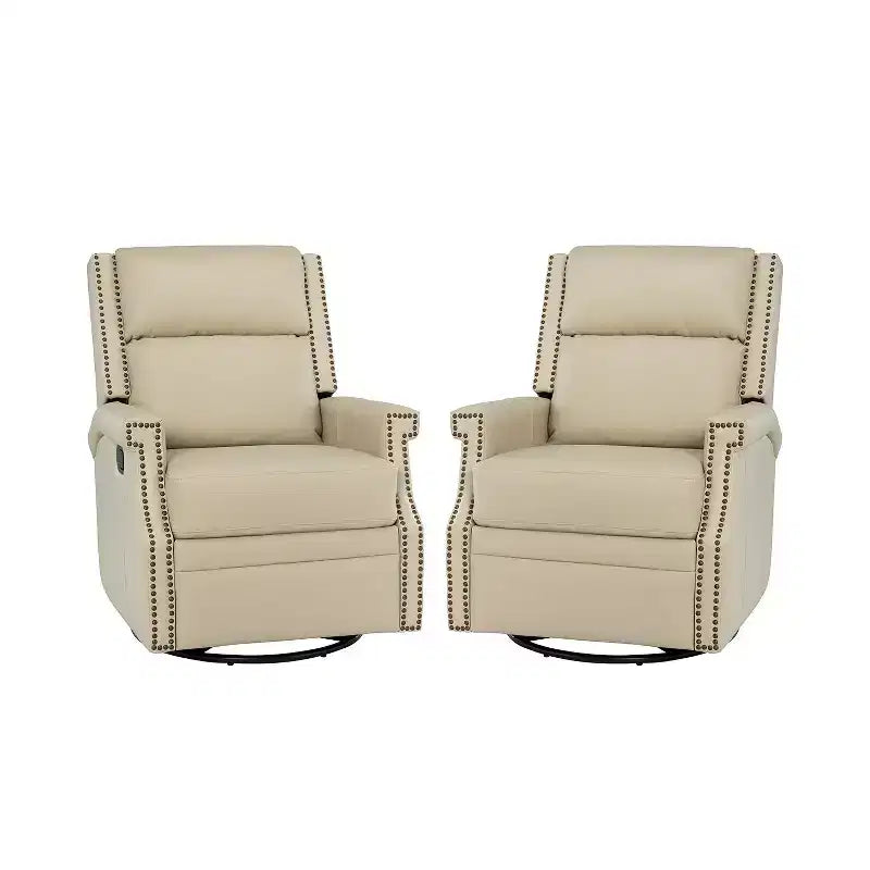 Poltrona reclinabile girevole a dondolo Favonius in vera pelle con borchie per camera da letto e soggiorno, set da 2 | ART OF LIVING DESIGNS