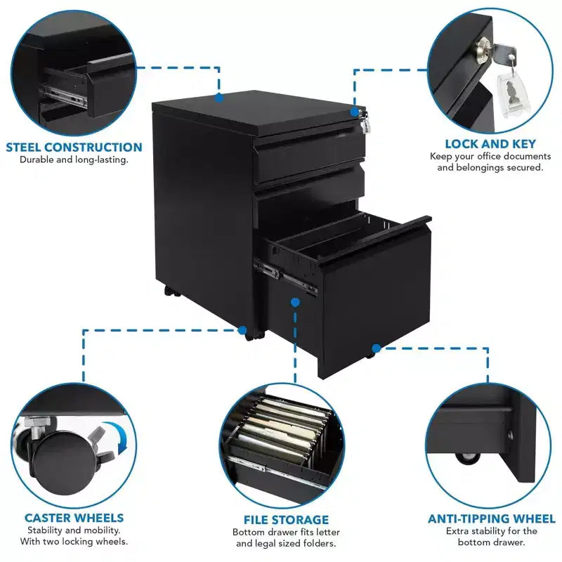 Mount-It! Cassettiera a 3 cassetti da sottoscrivania con ruote | Mobiletto portaoggetti su ruote con serratura per documenti e materiali, salvaspazio mobile per casa e ufficio - Nero