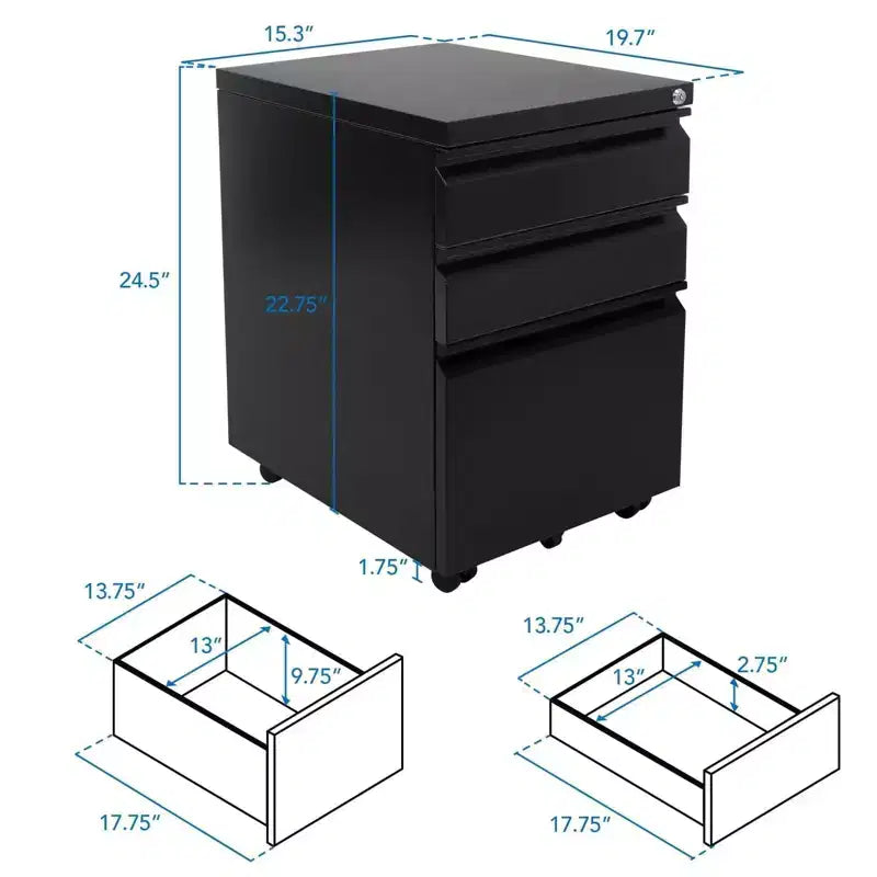 Mount-It! Cassettiera a 3 cassetti da sottoscrivania con ruote | Mobiletto portaoggetti su ruote con serratura per documenti e materiali, salvaspazio mobile per casa e ufficio - Nero