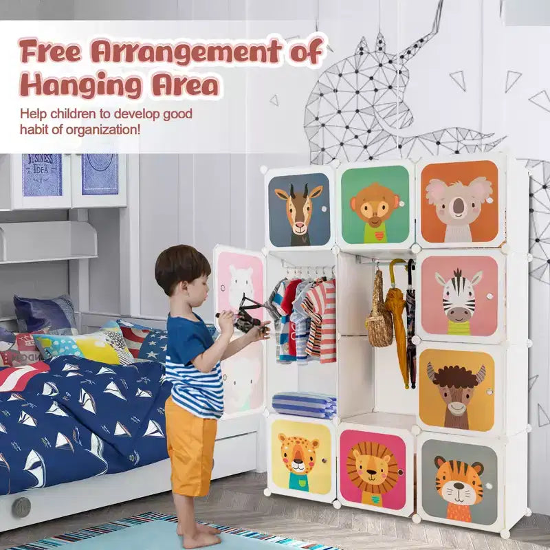 Costway Armadio per bambini a 12 cubi, cassettiera per bambini, armadio per camera da letto, armadio appendiabiti con anta
