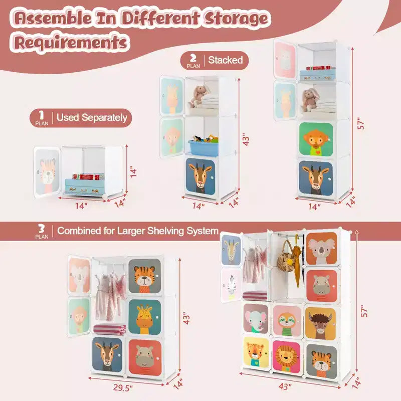 Costway Armadio per bambini a 12 cubi, cassettiera per bambini, armadio per camera da letto, armadio appendiabiti con anta
