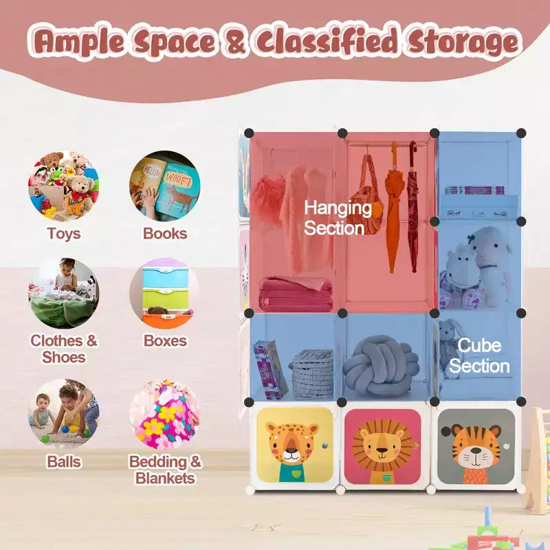 Costway Armadio per bambini a 12 cubi, cassettiera per bambini, armadio per camera da letto, armadio appendiabiti con anta