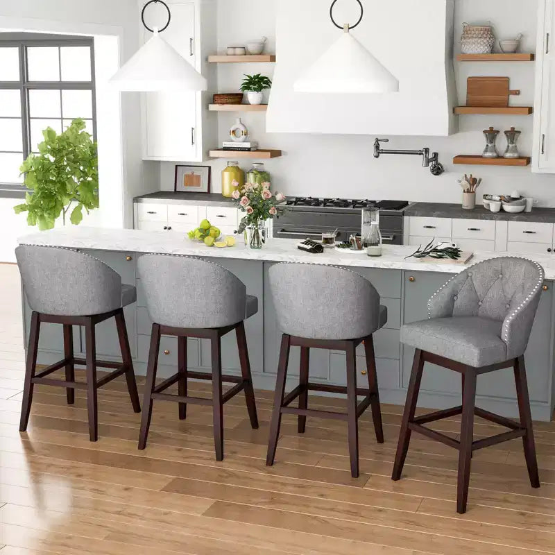 Costway Set di 4 Sgabelli da Bar Girevoli Sgabelli da Bar Alti con Gambe in Legno di Gomma Grigio/Beige
