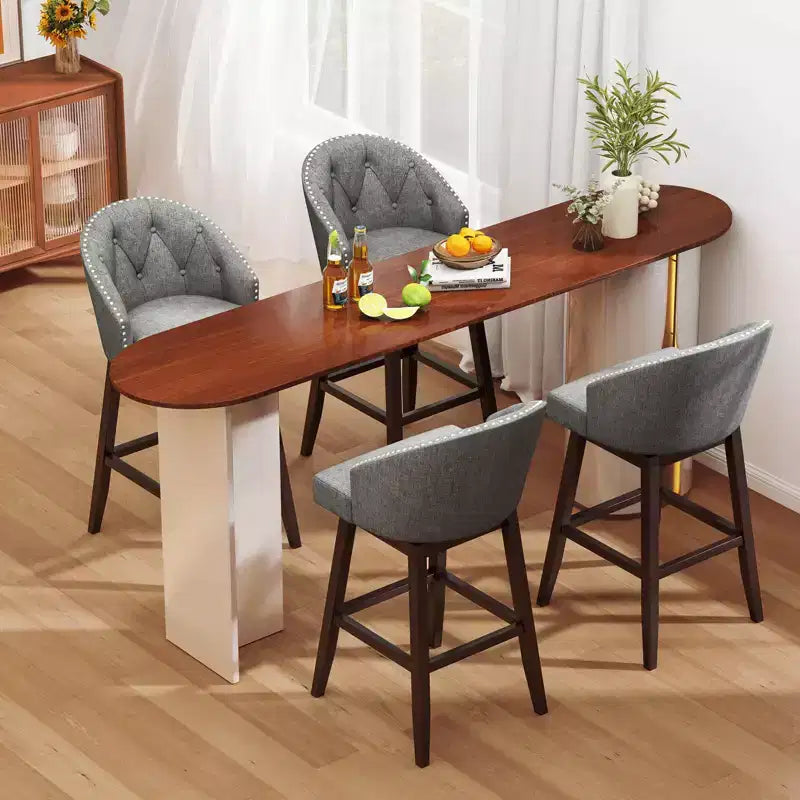 Costway Set di 4 Sgabelli da Bar Girevoli Sgabelli da Bar Alti con Gambe in Legno di Gomma Grigio/Beige