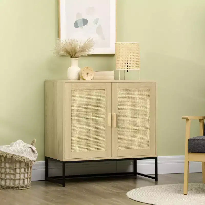 HOMCOM Credenza, Mobile Buffet con Ante in Rattan, Ripiano Regolabile e Base in Metallo, Mobile Contenitore Boho, Naturale
