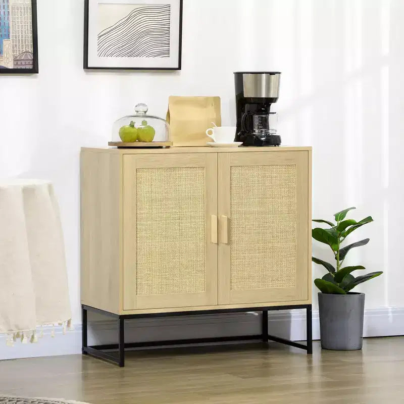 HOMCOM Credenza, Mobile Buffet con Ante in Rattan, Ripiano Regolabile e Base in Metallo, Mobile Contenitore Boho, Naturale