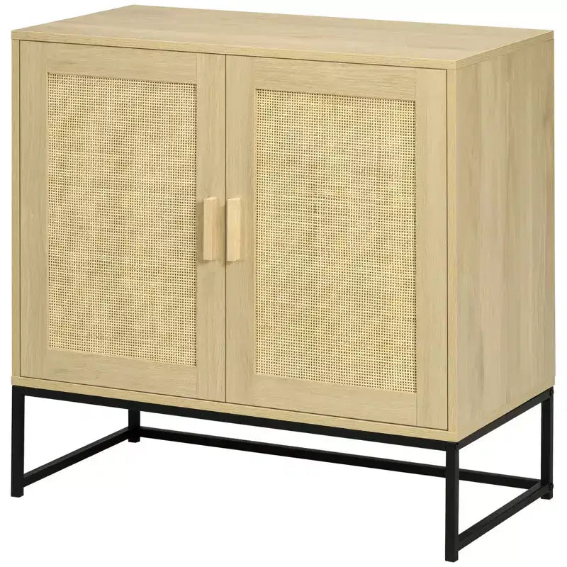 HOMCOM Credenza, Mobile Buffet con Ante in Rattan, Ripiano Regolabile e Base in Metallo, Mobile Contenitore Boho, Naturale