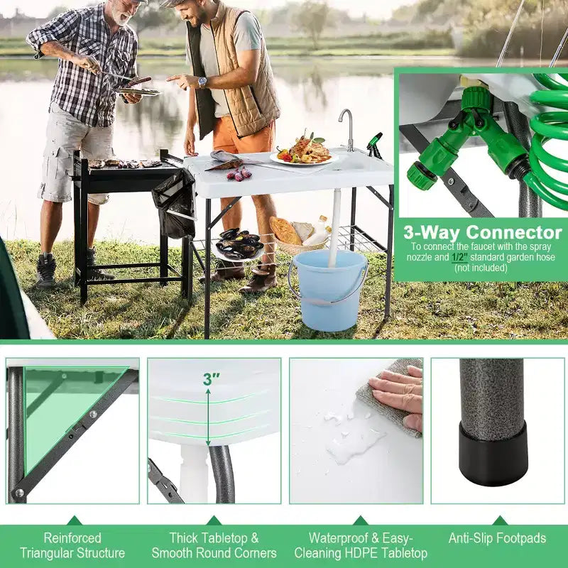 Tavolo pieghevole Costway per la pulizia del pesce, tavolo portatile da campeggio con rubinetto, tubo e griglia