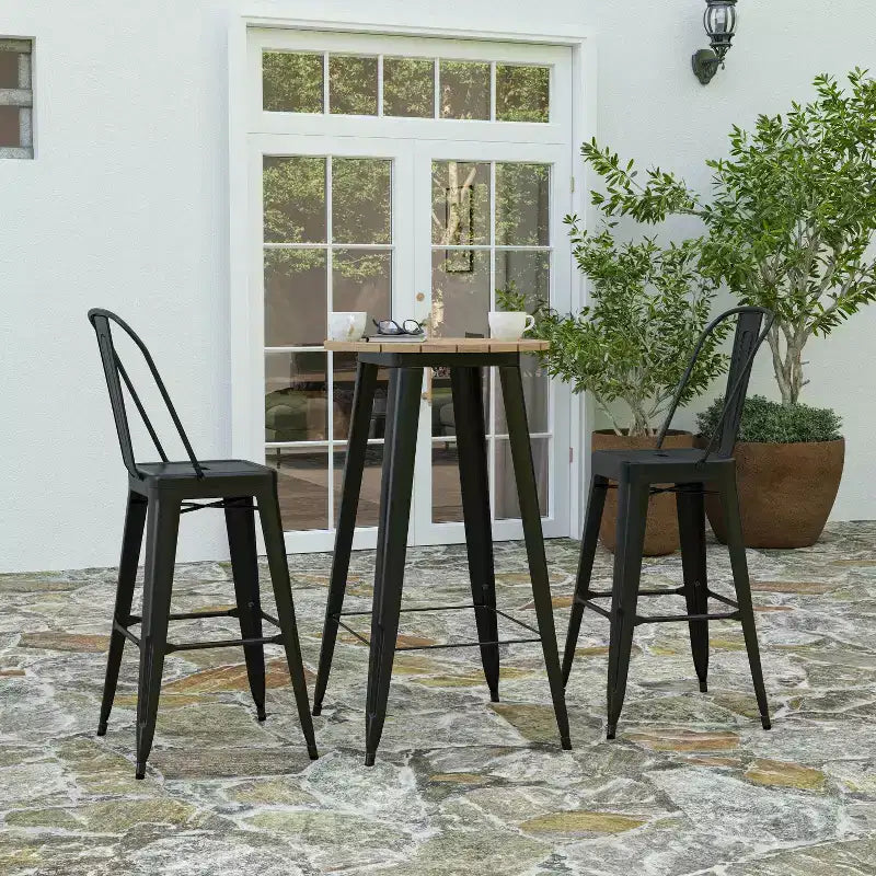 Tavolo alto da bar Merrick Lane per interni/esterni, top rotondo in poliresina per tutte le stagioni da 23,75" con base in acciaio