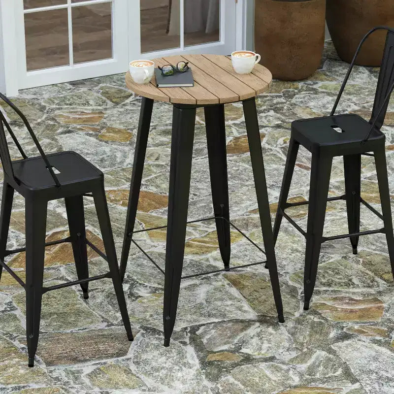 Tavolo alto da bar Merrick Lane per interni/esterni, top rotondo in poliresina per tutte le stagioni da 23,75" con base in acciaio