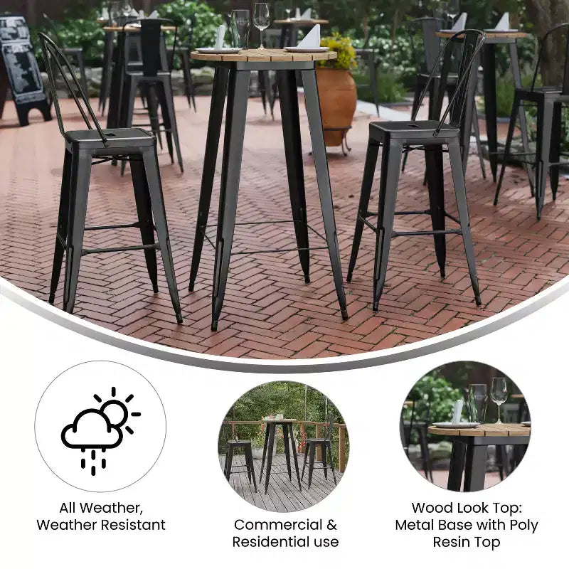 Tavolo alto da bar Merrick Lane per interni/esterni, top rotondo in poliresina per tutte le stagioni da 23,75" con base in acciaio