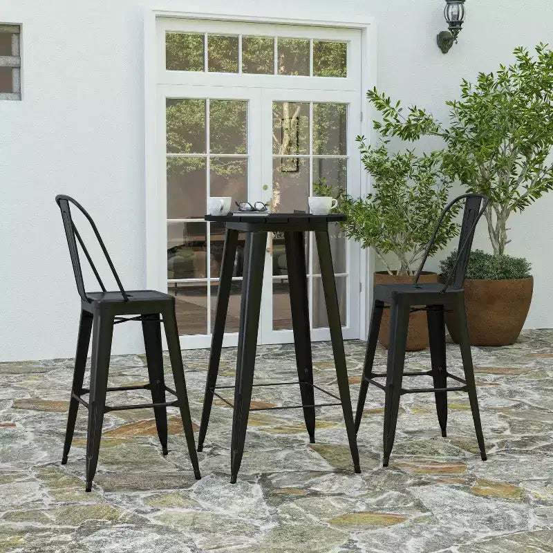 Tavolo alto da bar Merrick Lane per interni/esterni, top rotondo in poliresina per tutte le stagioni da 23,75" con base in acciaio