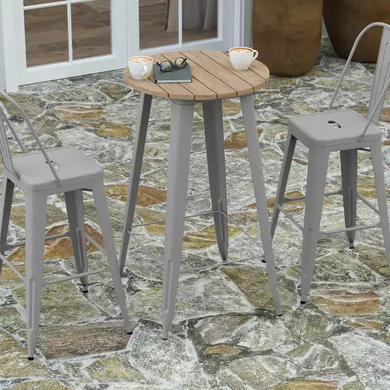 Tavolo alto da bar Merrick Lane per interni/esterni, top rotondo in poliresina per tutte le stagioni da 23,75" con base in acciaio