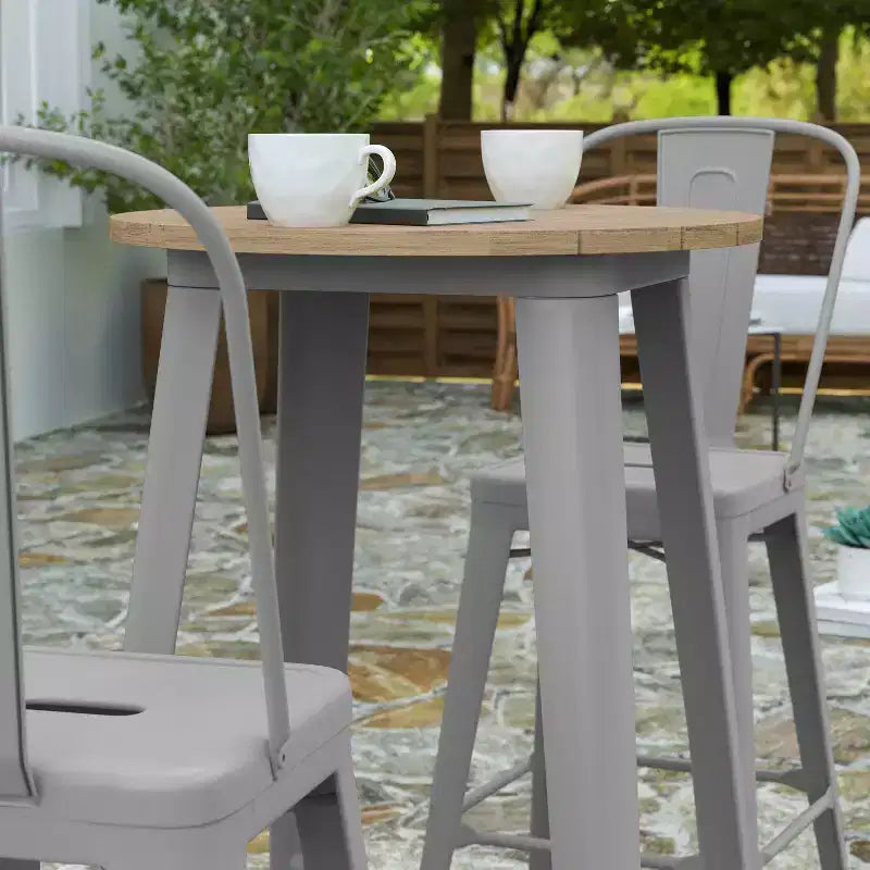 Tavolo alto da bar Merrick Lane per interni/esterni, top rotondo in poliresina per tutte le stagioni da 23,75" con base in acciaio