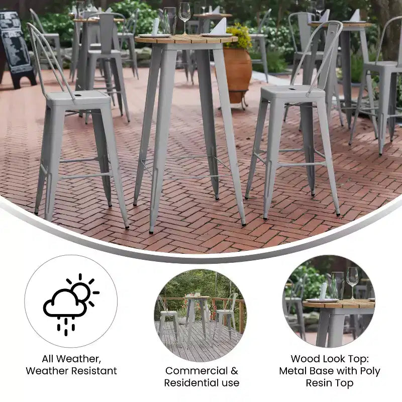 Tavolo alto da bar Merrick Lane per interni/esterni, top rotondo in poliresina per tutte le stagioni da 23,75" con base in acciaio