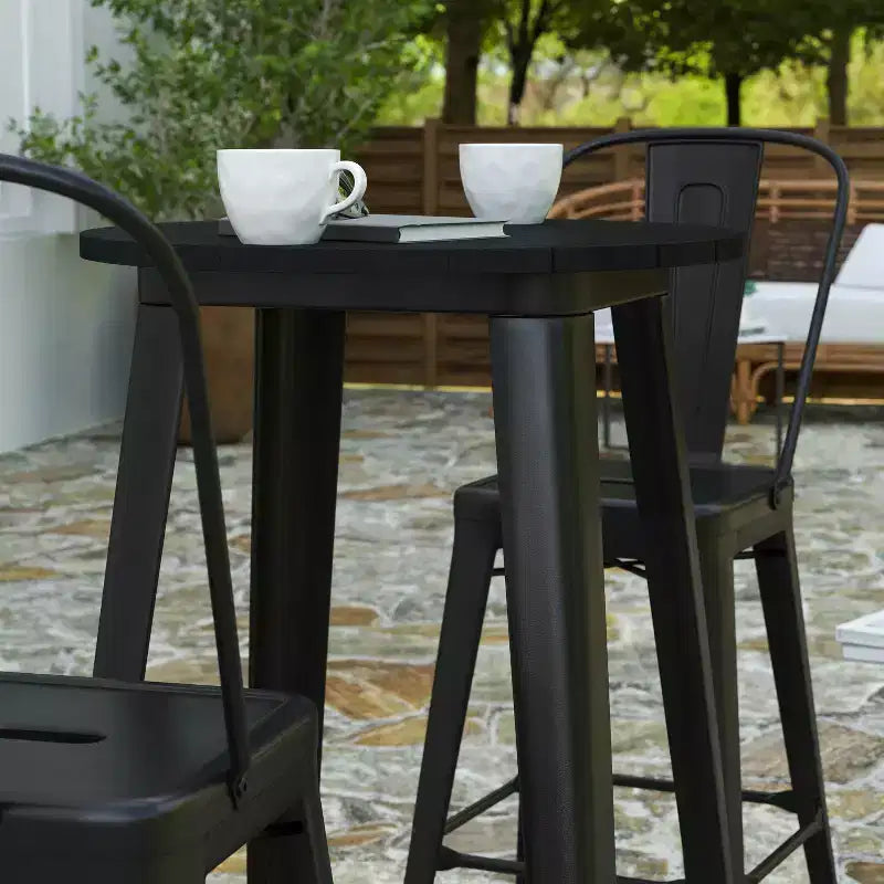Tavolo alto da bar Merrick Lane per interni/esterni, top rotondo in poliresina per tutte le stagioni da 23,75" con base in acciaio